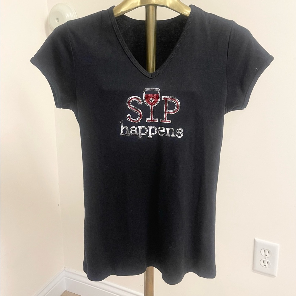 Sparkling Chris’s Stuff “Sip Happens” rhinestone t shirt